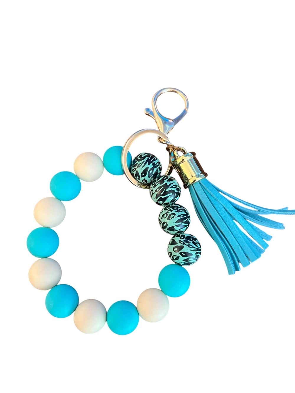 Turquoise & White Beaded Keychain Wristlet with Tassel